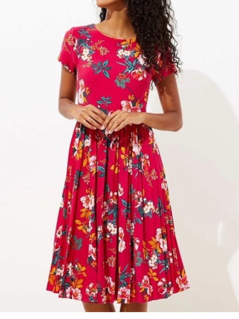 LOFT  midi pleated dress, Hawaiian print floral, pink, size 0